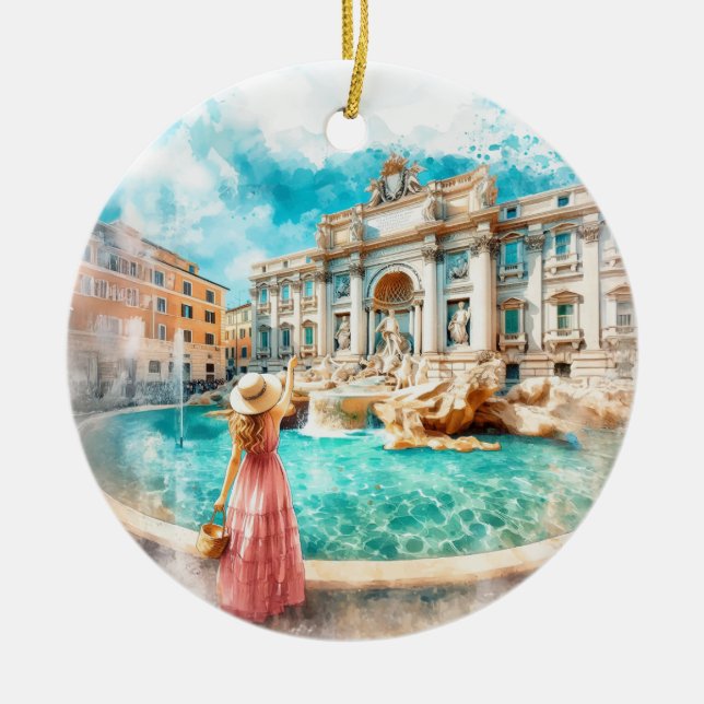 Trevi Fountain Rome Italy Watercolor Ceramic Ornament (Front)