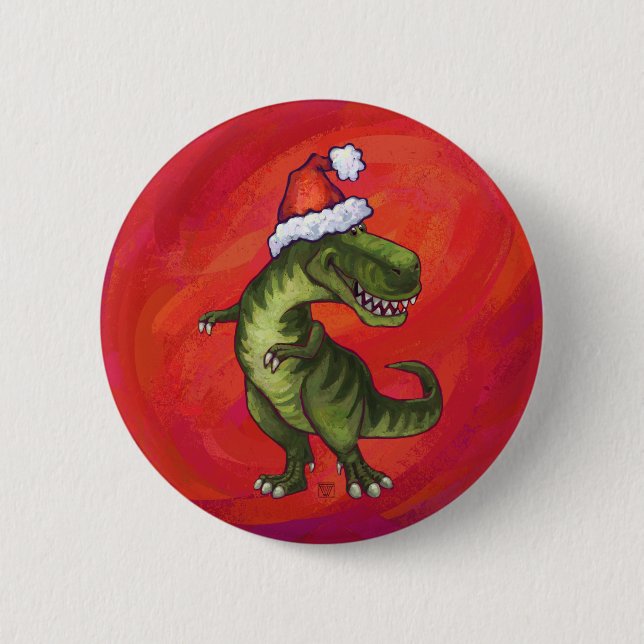 TRex Dino in Santa Hat on Red Button (Front)