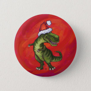TRex Dino in Santa Hat on Red Button