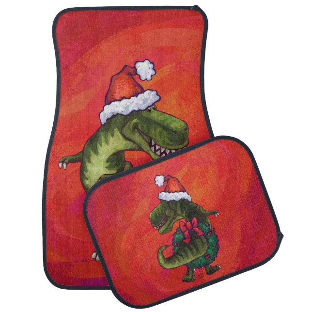 TRex Dino in Santa Hat on Red Car Mat (Set)