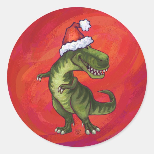 TRex Dino in Santa Hat on Red Classic Round Sticker (Front)