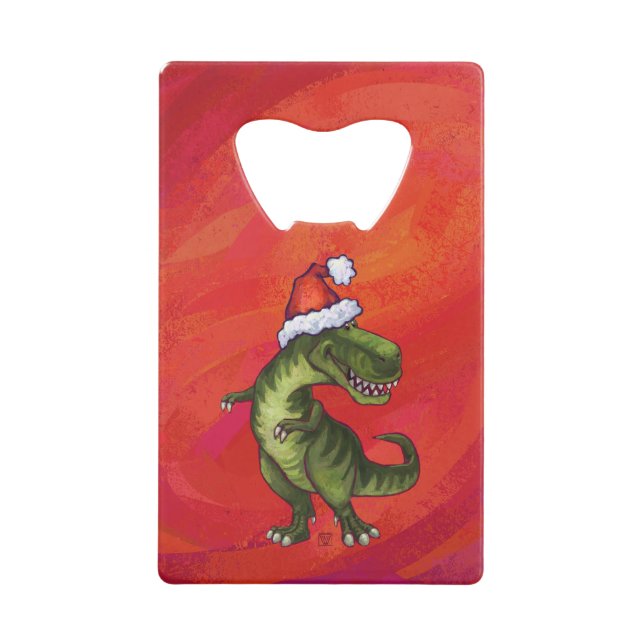 TRex Dino in Santa Hat on Red Credit Card Bottle Opener (Front)
