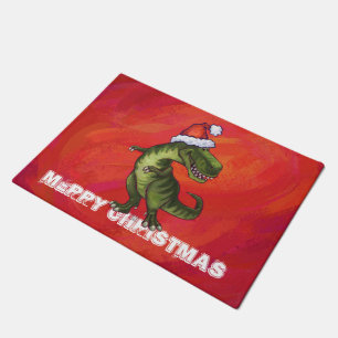 TRex Dino in Santa Hat on Red Doormat
