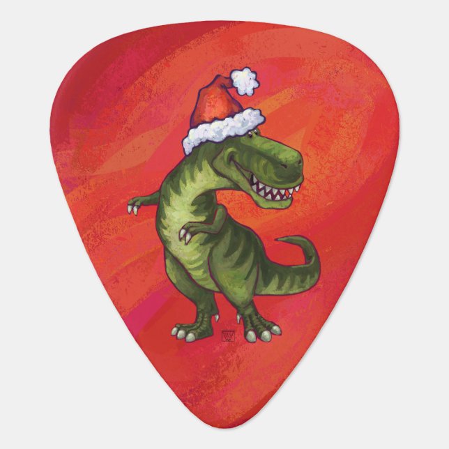 TRex Dino in Santa Hat on Red Guitar Pick (Front)