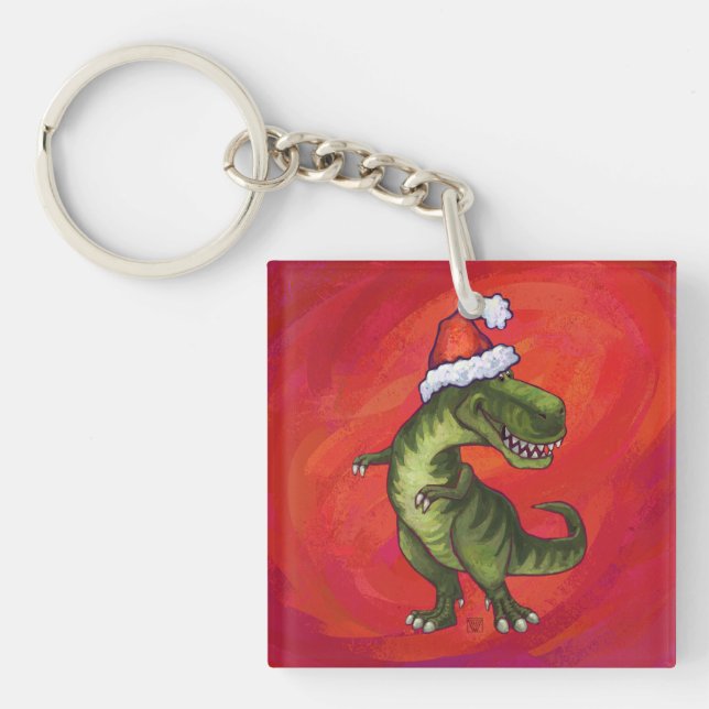 TRex Dino in Santa Hat on Red Keychain (Front)