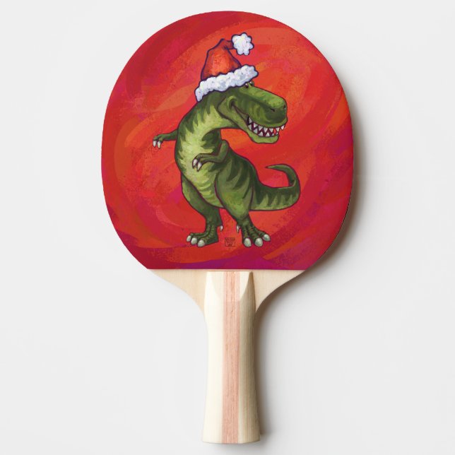 TRex Dino in Santa Hat on Red Ping-Pong Paddle (Front)