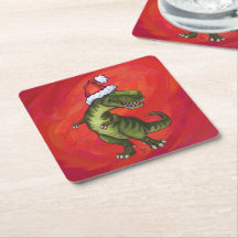 TRex Dino in Santa Hat on Red