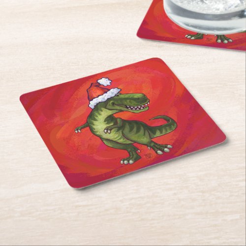 TRex Dino in Santa Hat on Red Square Paper Coaster