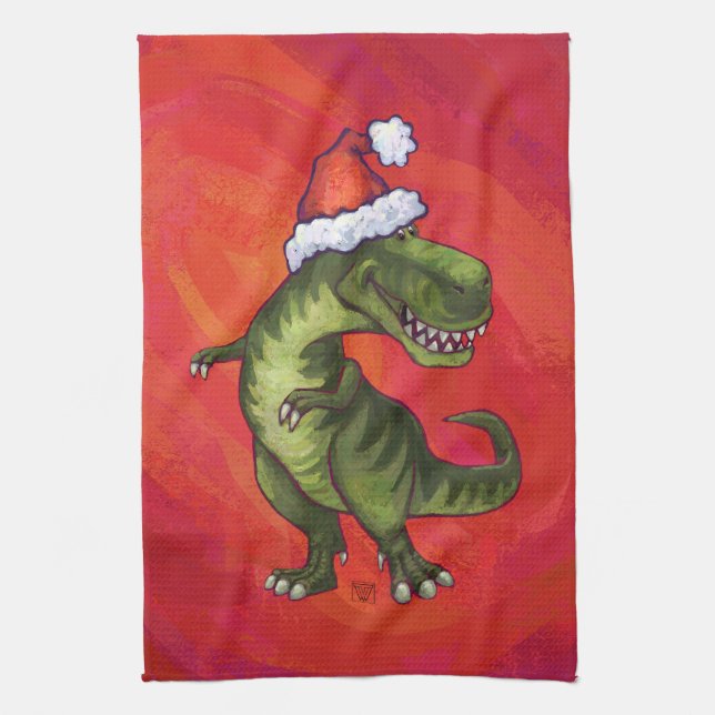 TRex Dino in Santa Hat on Red Towel (Vertical)