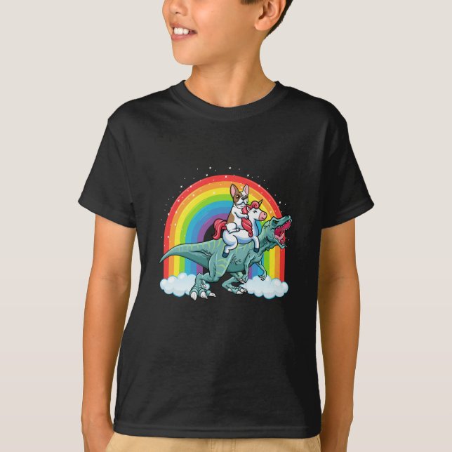Trex Dinosaur French Bulldog Unicorn Rainbow T-Shirt (Front)