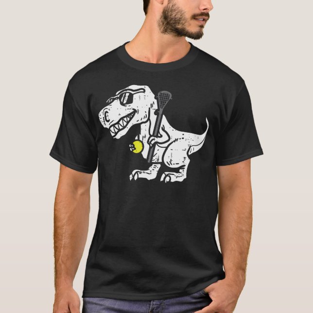 Trex Dinosaur Lacrosse Funny Lax Player Goalie Kid T-Shirt (Front)