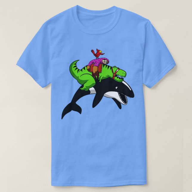 TRex Dinosaur Sloth Riding Orca Whale T-Shirt (Design Front)