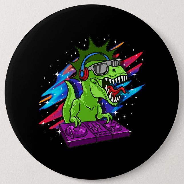 TRex DJ Dinosaur Party Club Disk Jockey EDM Music  Button (Front)