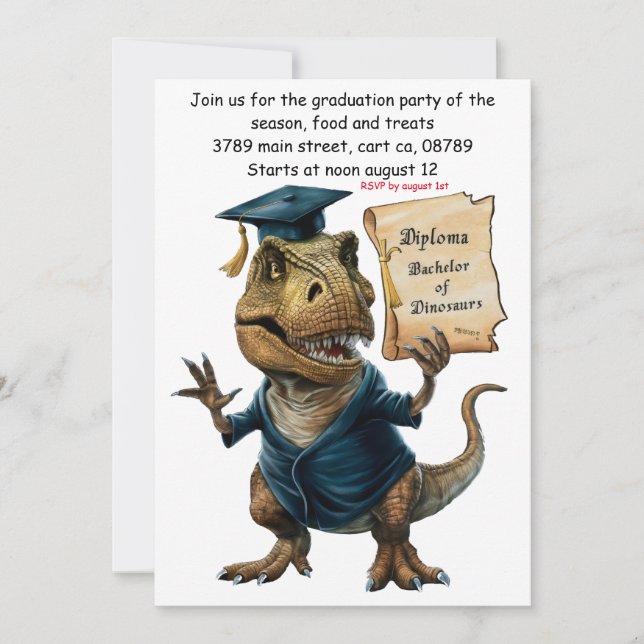 Trex in cap and gown holding diploma invitation (Front)