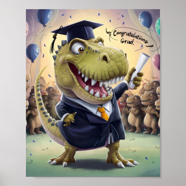 Trex in cap and gown holding diploma poster (Front)