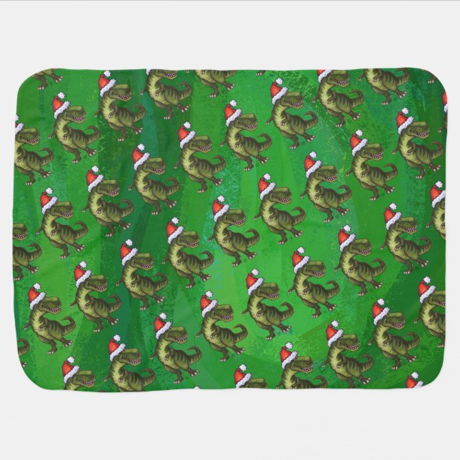 TRex in Santa Hat on Green Baby Blanket (Horizontal)