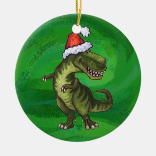 TRex in Santa Hat on Green Ceramic Ornament