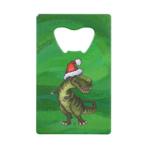 TRex in Santa Hat on Green Credit Card Bottle Opener