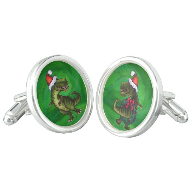 TRex in Santa Hat on Green Cufflinks (Angled)