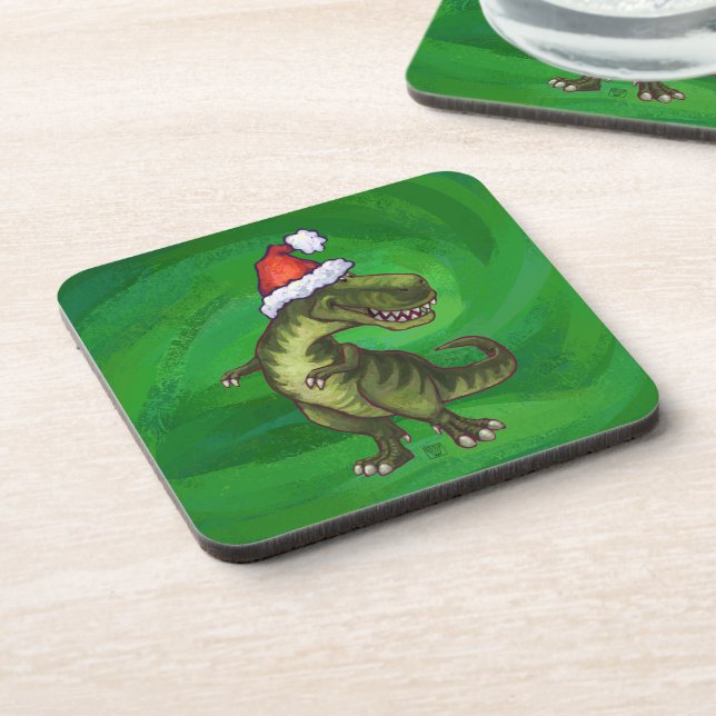 TRex in Santa Hat on Green Drink Coaster (Left Side)