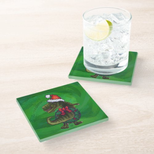 TRex in Santa Hat on Green Glass Coaster