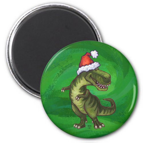 TRex in Santa Hat on Green Magnet