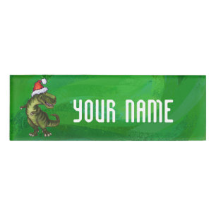 TRex in Santa Hat on Green Name Tag