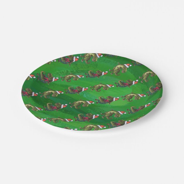TRex in Santa Hat on Green Paper Plates (Angled)
