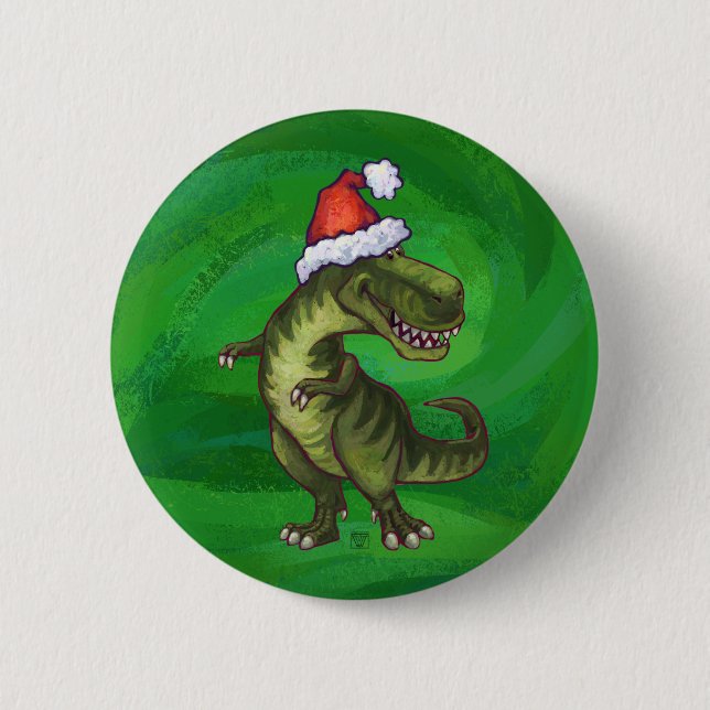 TRex in Santa Hat on Green Pinback Button (Front)