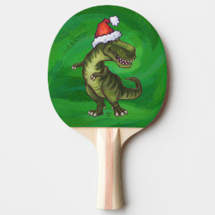 TRex in Santa Hat on Green Ping-Pong Paddle