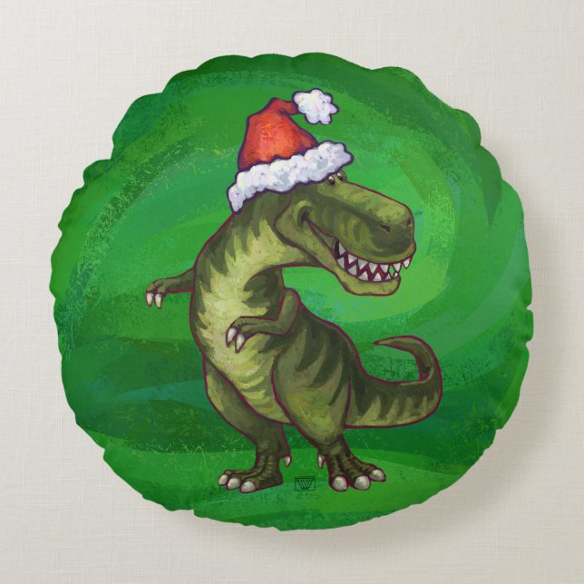 TRex in Santa Hat on Green Round Pillow (Front)
