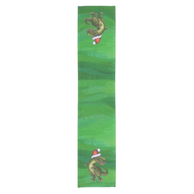 TRex in Santa Hat on Green Short Table Runner (Front)