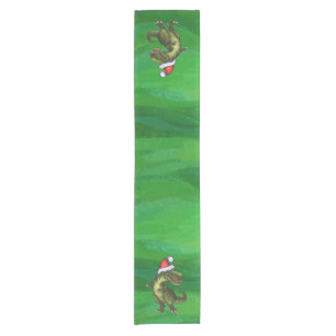 TRex in Santa Hat on Green Short Table Runner