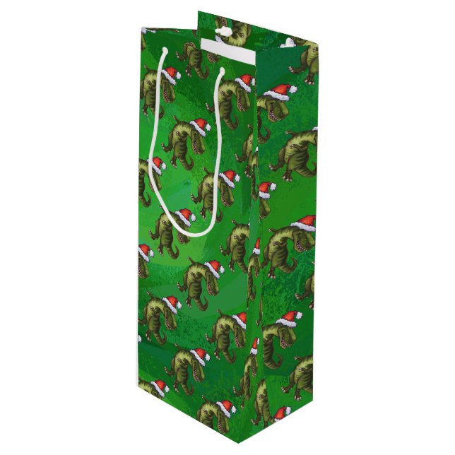 TRex in Santa Hat on Green Wine Gift Bag (Front Angled)