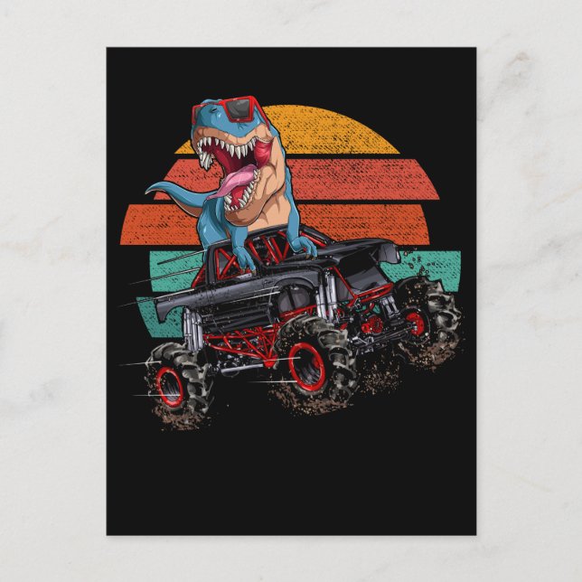 Trex Monster Truck Boys Dirt Race Retro Dinosaur Postcard (Front)
