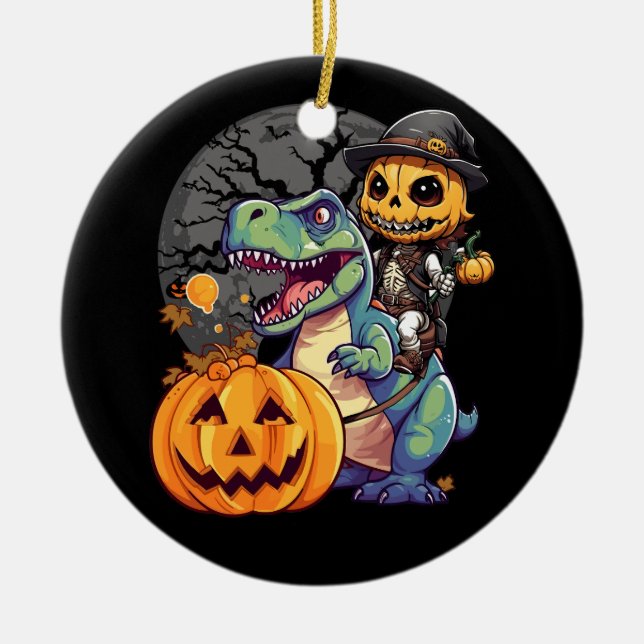 Trex Pumpkin Dinosaur Halloween Kids Mummy Zombie  Ceramic Ornament (Front)