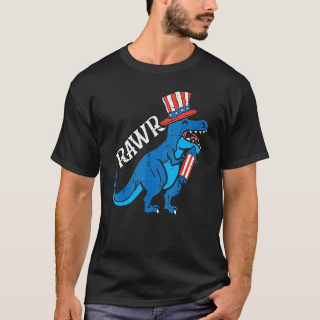 Trex Rawr Us Flag Hat Firecracker Dino 4th Of July T-Shirt (Front)