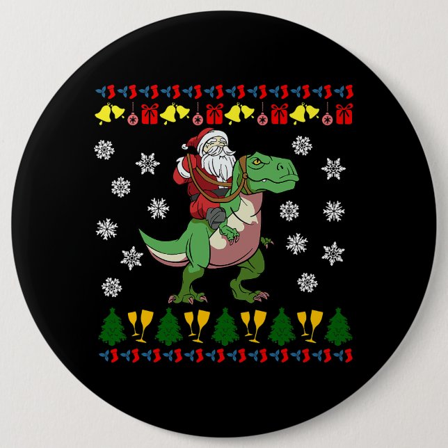 TRex Santa Rider Christmas Tyrannosaurus Dino Button (Front)