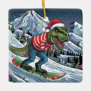TRex snowboard on mountain psychedelic colors Ceramic Ornament
