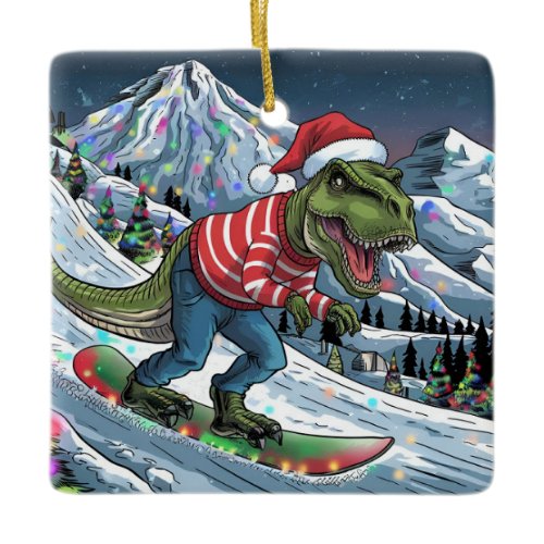 TRex snowboard on mountain psychedelic colors Ceramic Ornament