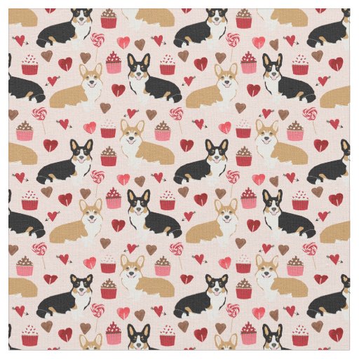 Tri and Red Corgi Valentines Fabric  - pink