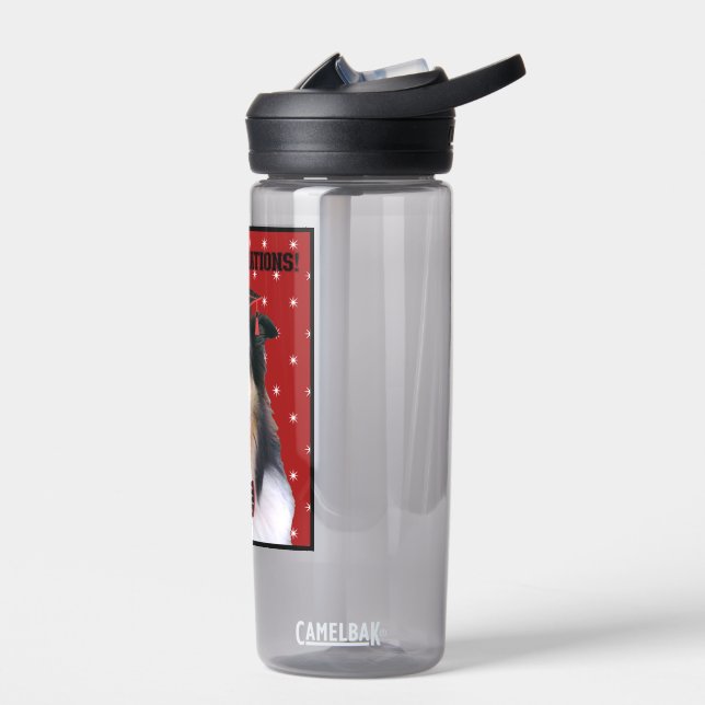 Tri Collie in Graduation cap Water Bottle (Left)