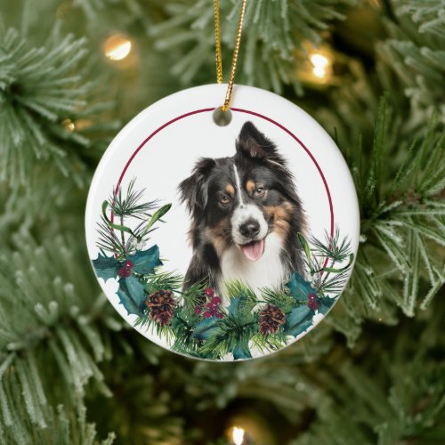 Tri Color Australian Shepherd Dog Evergreen Wreath Ceramic Ornament