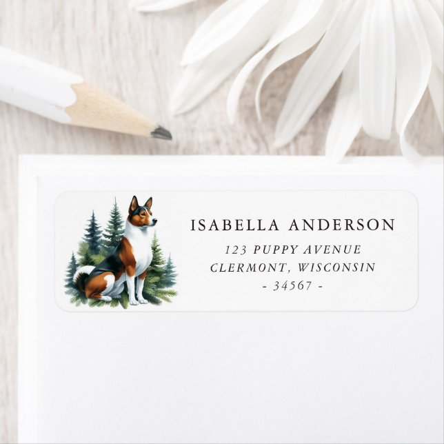 Tri Color Basenji Dog Winter Watercolor Address Label (Insitu)