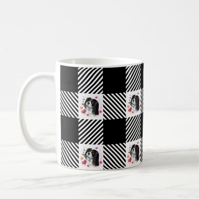 Tri-Color Cavalier Black & White Buffalo Plaid Coffee Mug (Left)