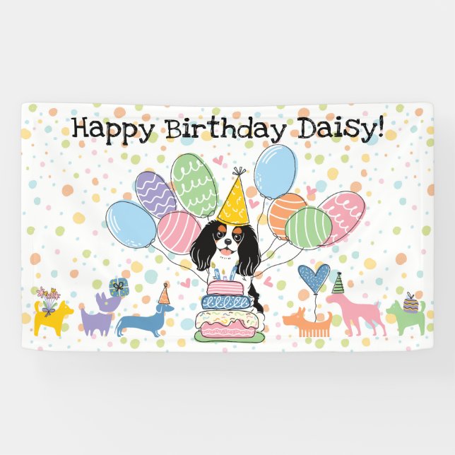 Tri Color Cavalier King Charles Spaniel Birthday Banner (Horizontal)