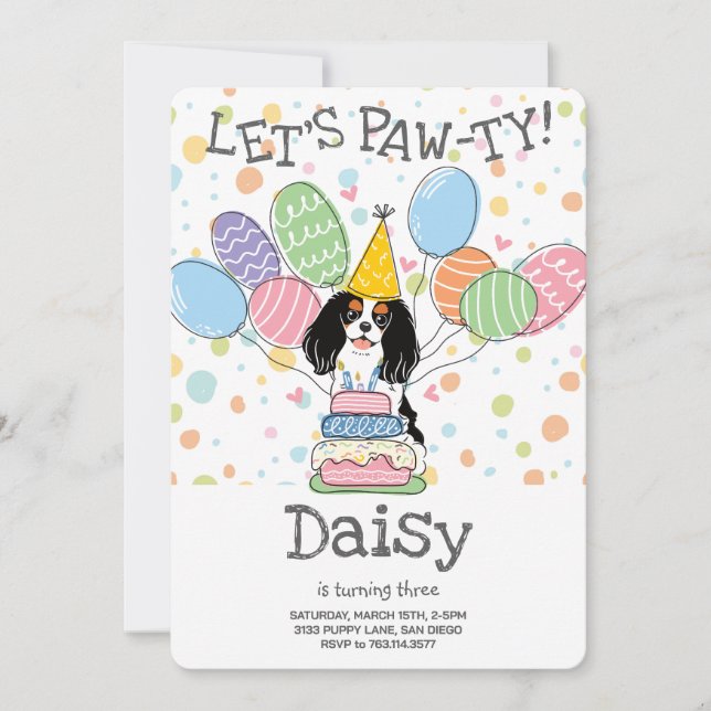Tri Color Cavalier King Charles Spaniel Birthday Invitation (Front)