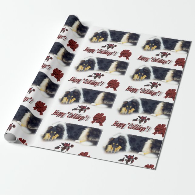 Tri Color Collie Christmas Wrapping Paper (Unrolled)