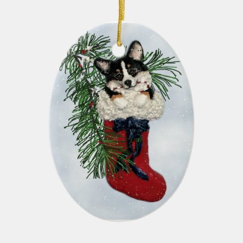 Tri_Color Corgi in Christmas Stocking Ornament