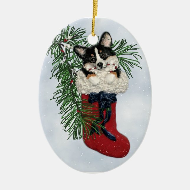 Tri-Color Corgi in Christmas Stocking Ornament (Front)